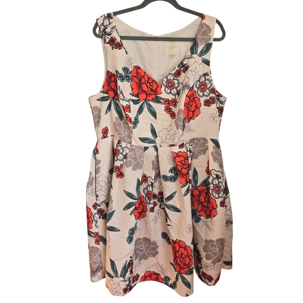 ModCloth Floral Fit Flare Mini Dress Cream Sleeveless Pockets 2X Cocktail Party